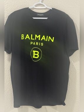 Balmain Black Tee with Neon Yellow Logo XL